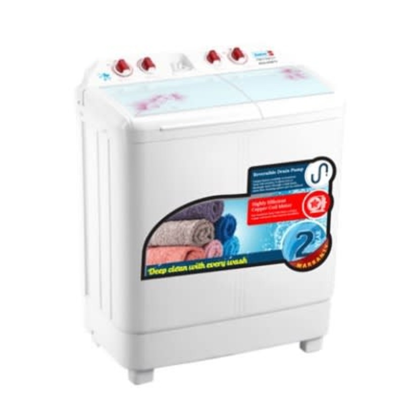 a white washing machine with red buttons