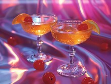 a pair of glasses with orange liquid and cherry