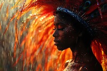 a woman with orange feathers