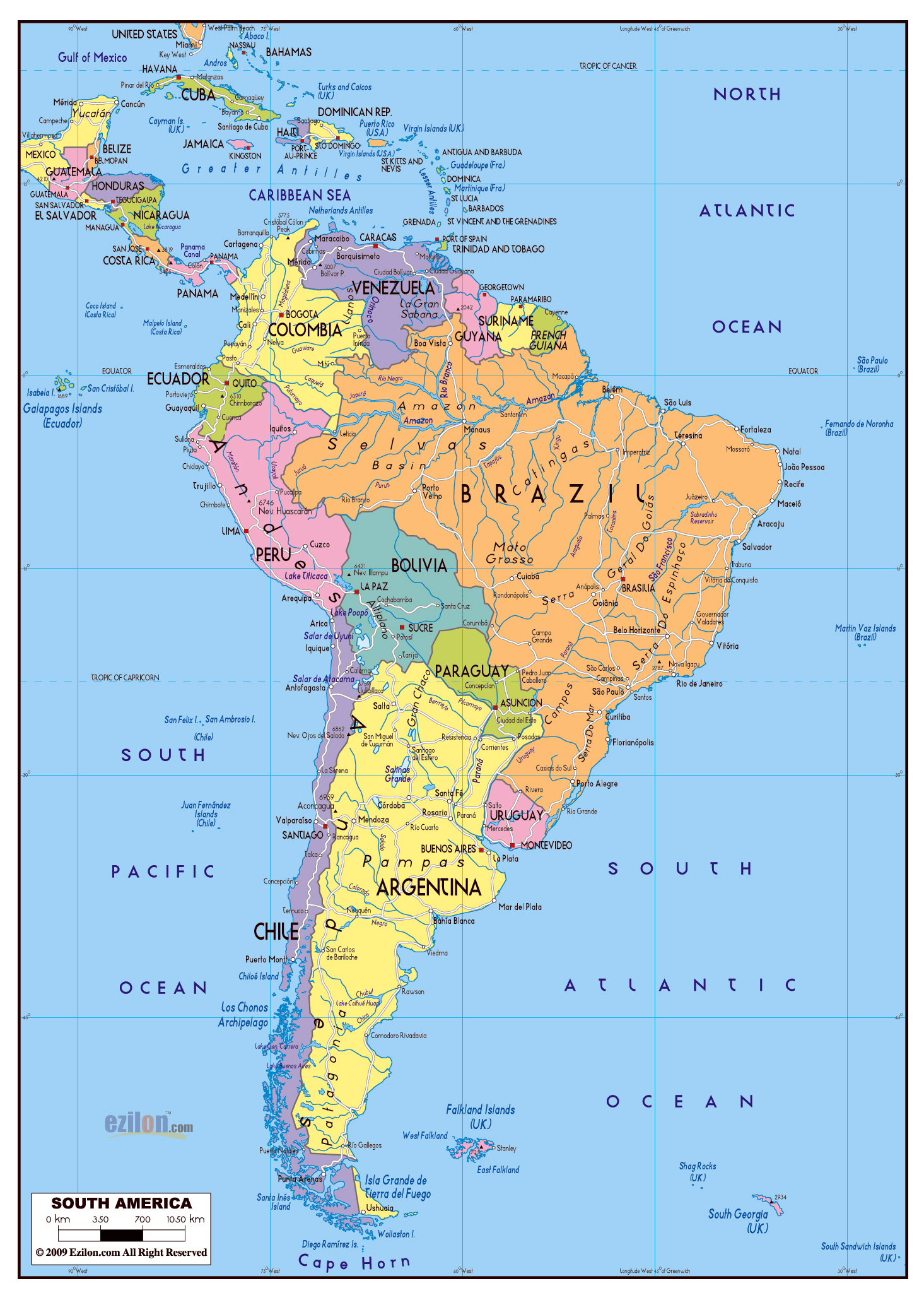 a map of south america with all the countries/regions