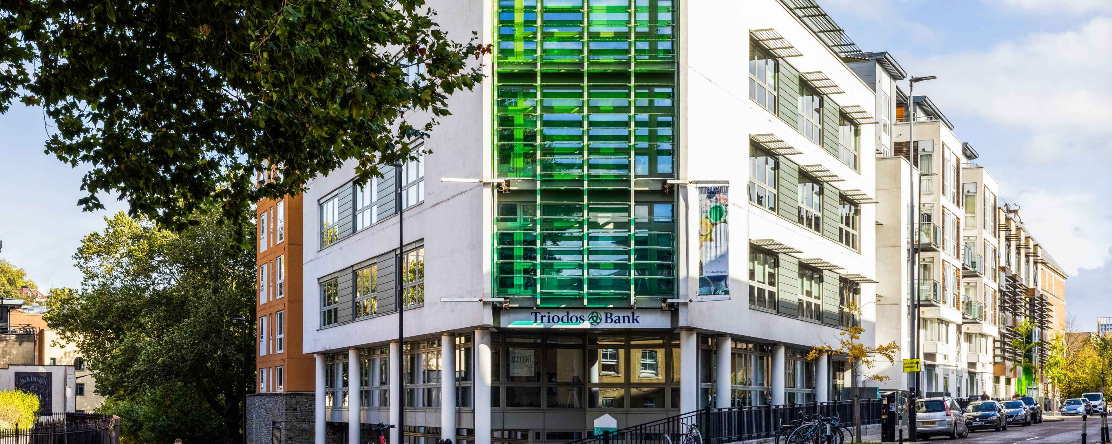 a building with green glass panels