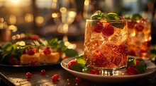 a glass of ice tea with berries on a plate