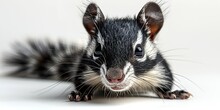 a close up of a black and white rodent