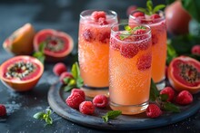 a group of glasses with fruit on a plate