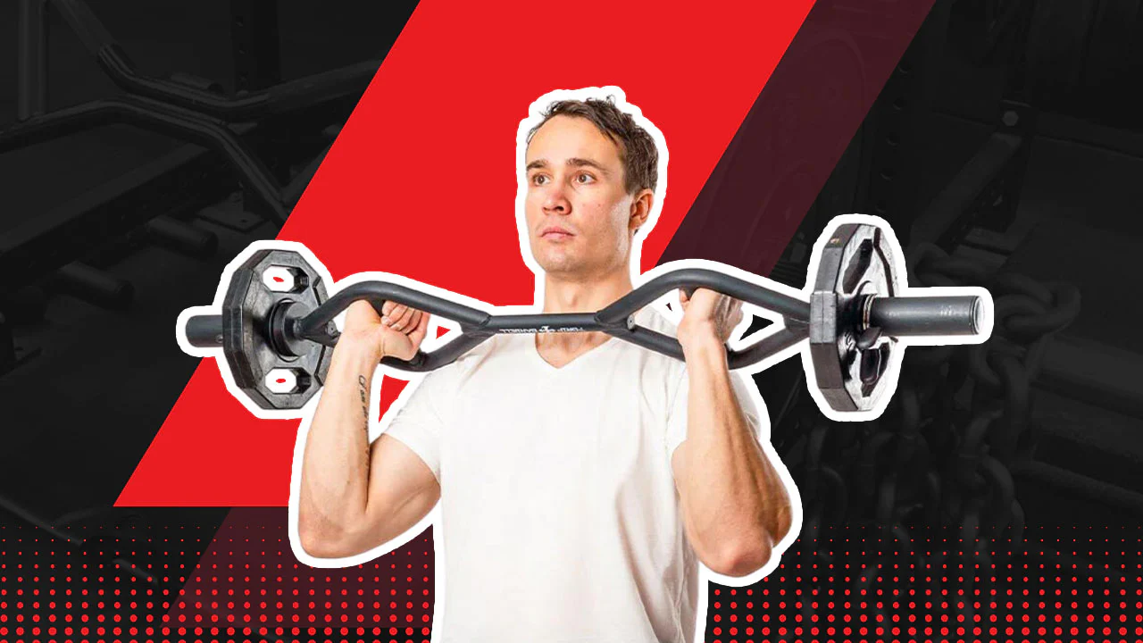 a man lifting weights with red and black background