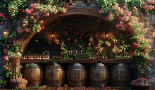 a row of barrels with flowers over them