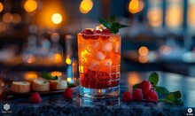 a glass of red and orange drink with ice and berries