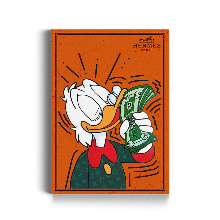 a cartoon duck holding money
