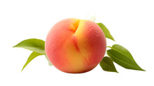 a peach with leaves on a white background