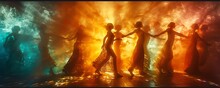 a group of people dancing in a fire