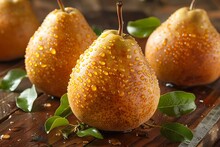 a group of pears with water drops on them