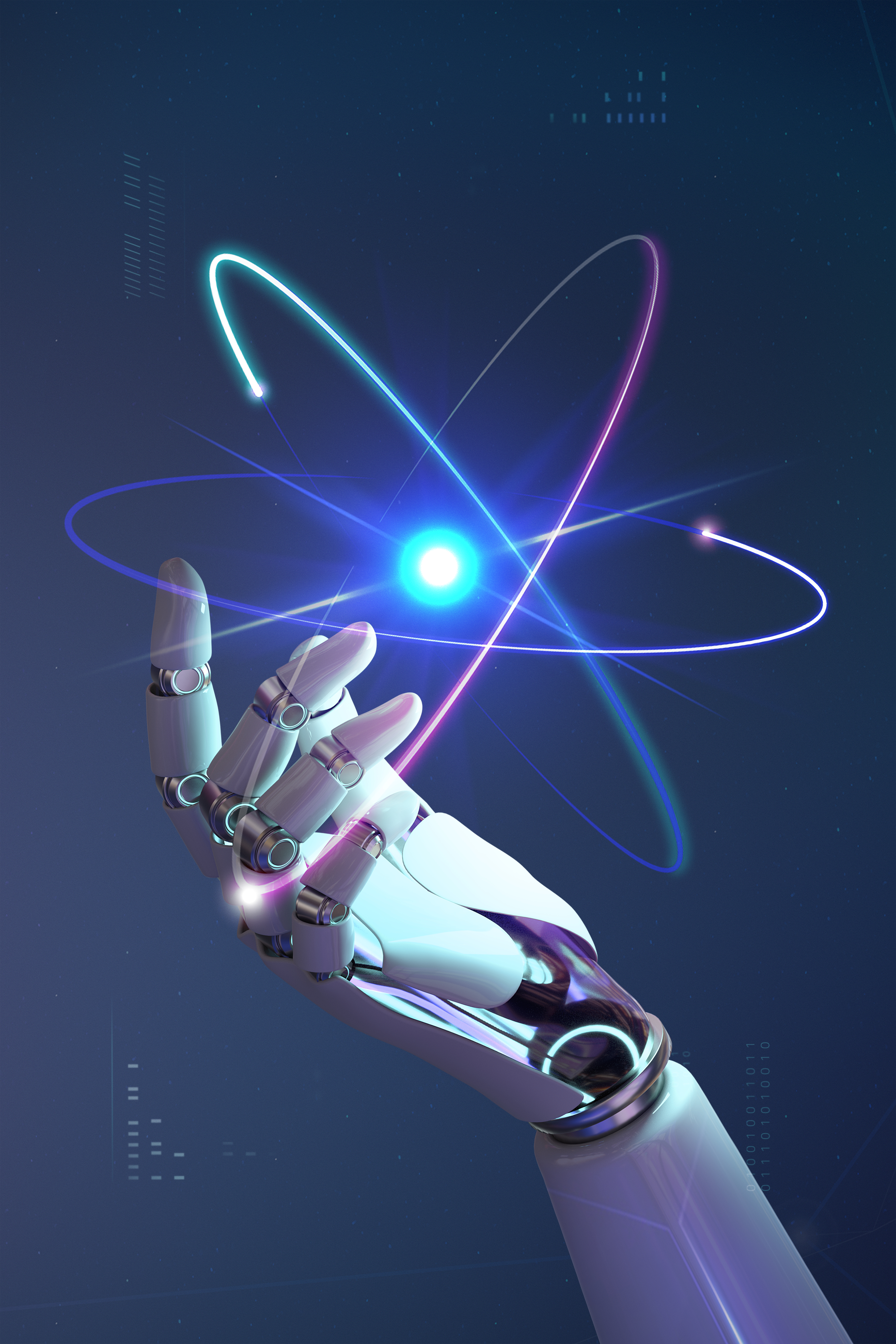 a robot hand touching a atom