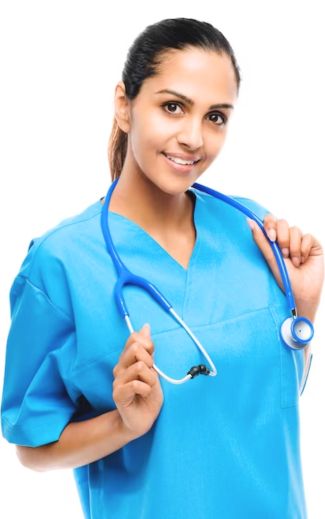 a woman wearing a blue scrubs