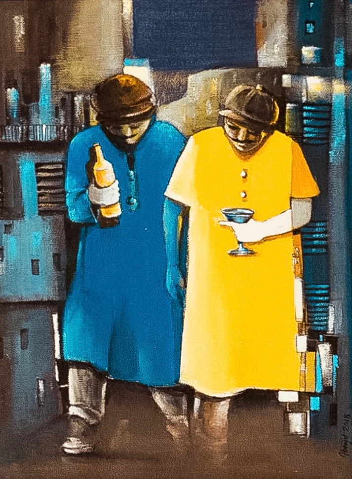 a painting of two people holding a bottle and a glass