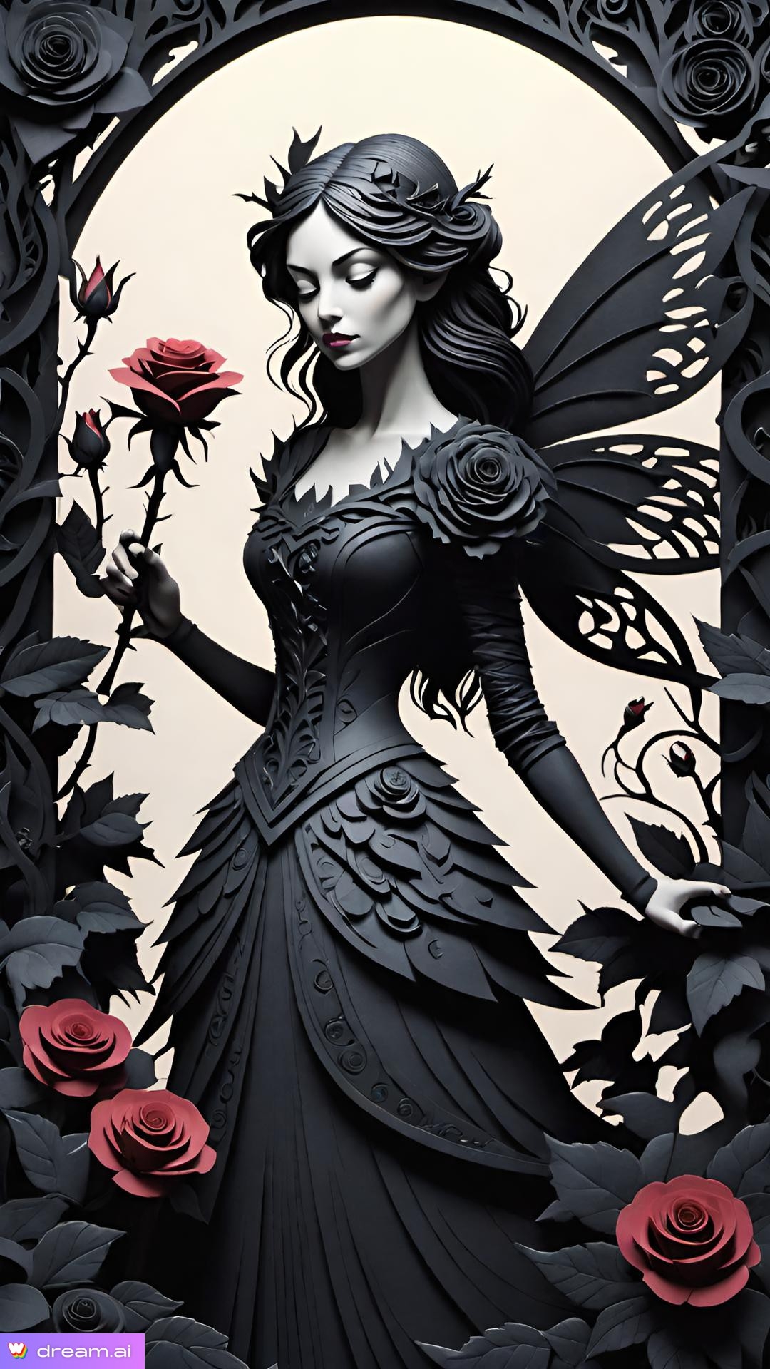 a woman in a black dress holding a rose