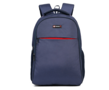 a blue backpack with red accents