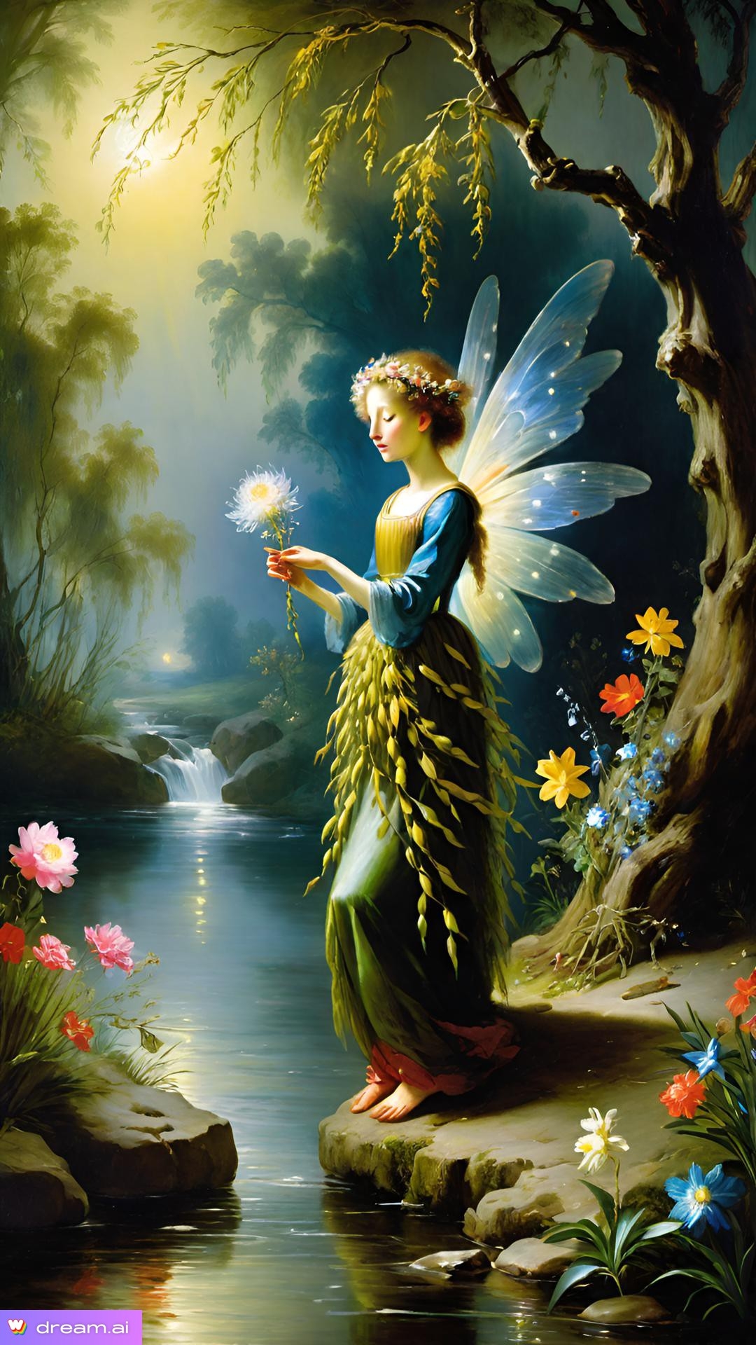 a painting of a fairy holding flowers