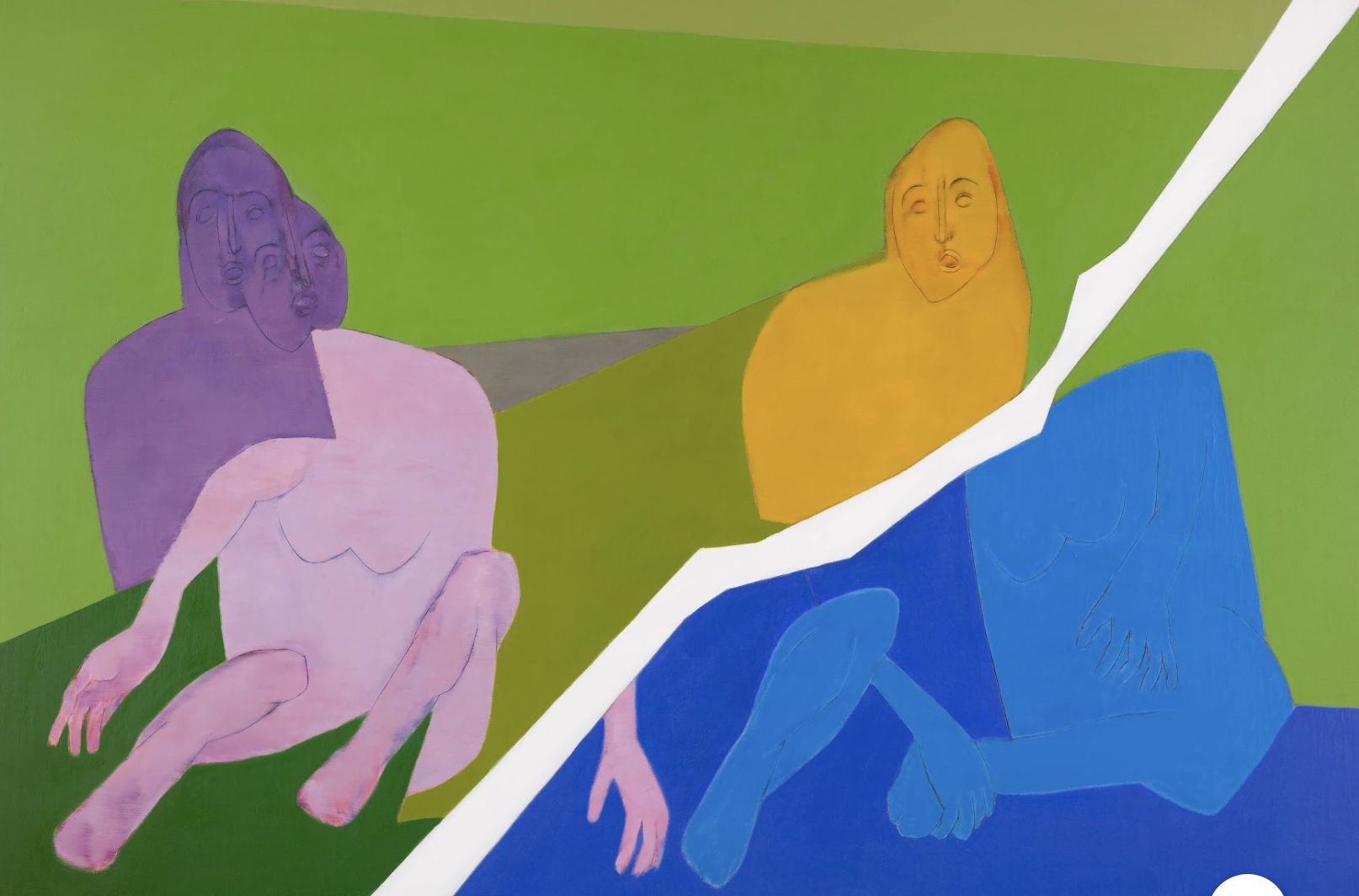 a painting of people sitting on a green surface