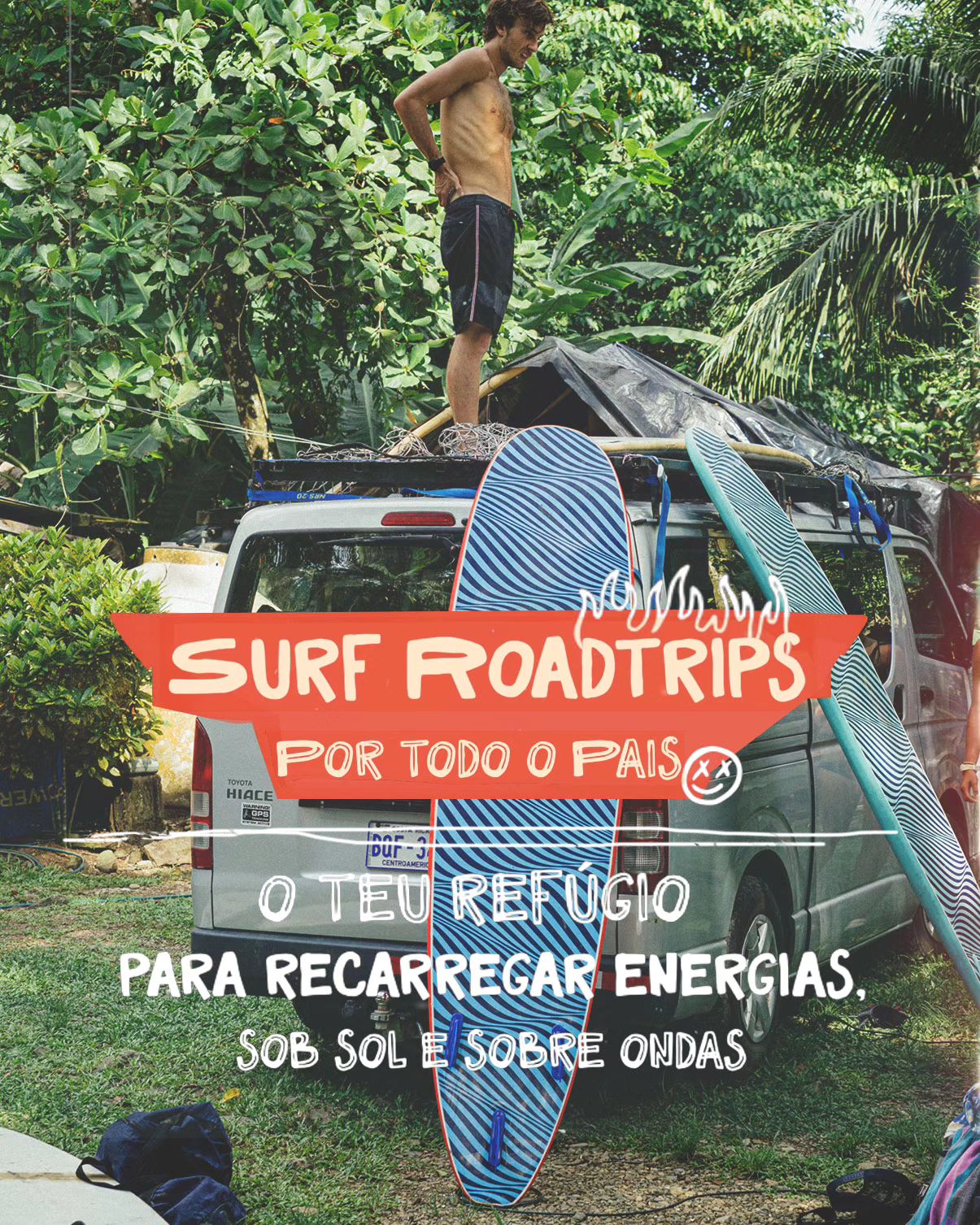 a man standing on top of a van with surfboards on top