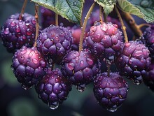 a bunch of purple berries with water droplets on them