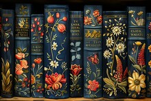 a row of books with floral designs on them