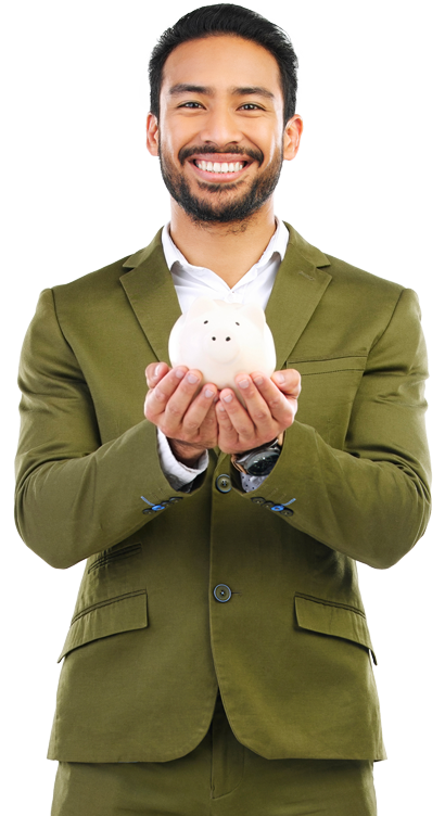 a man holding a piggy bank