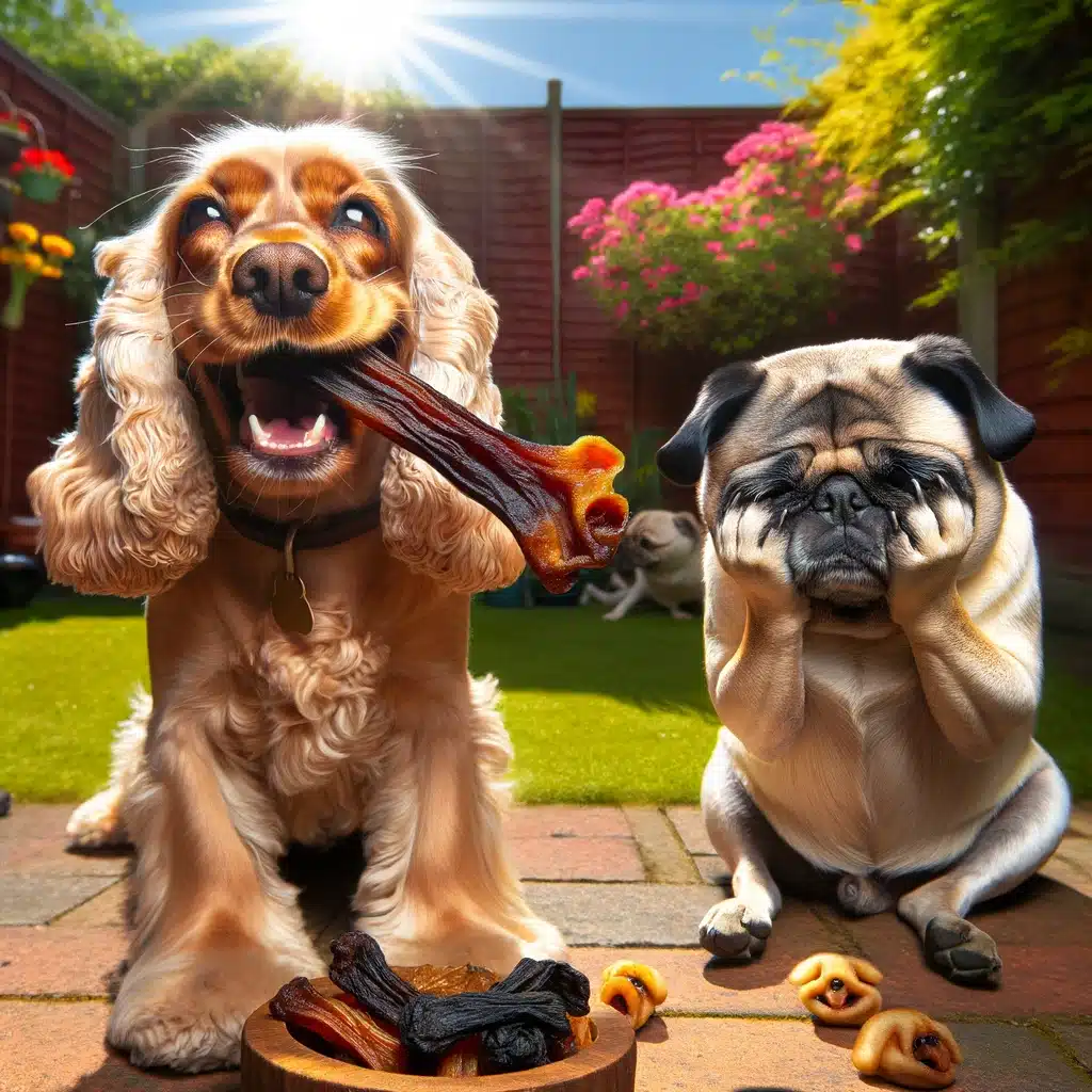 two dogs eating food in a yard