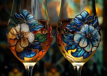 two glasses with flowers painted on them