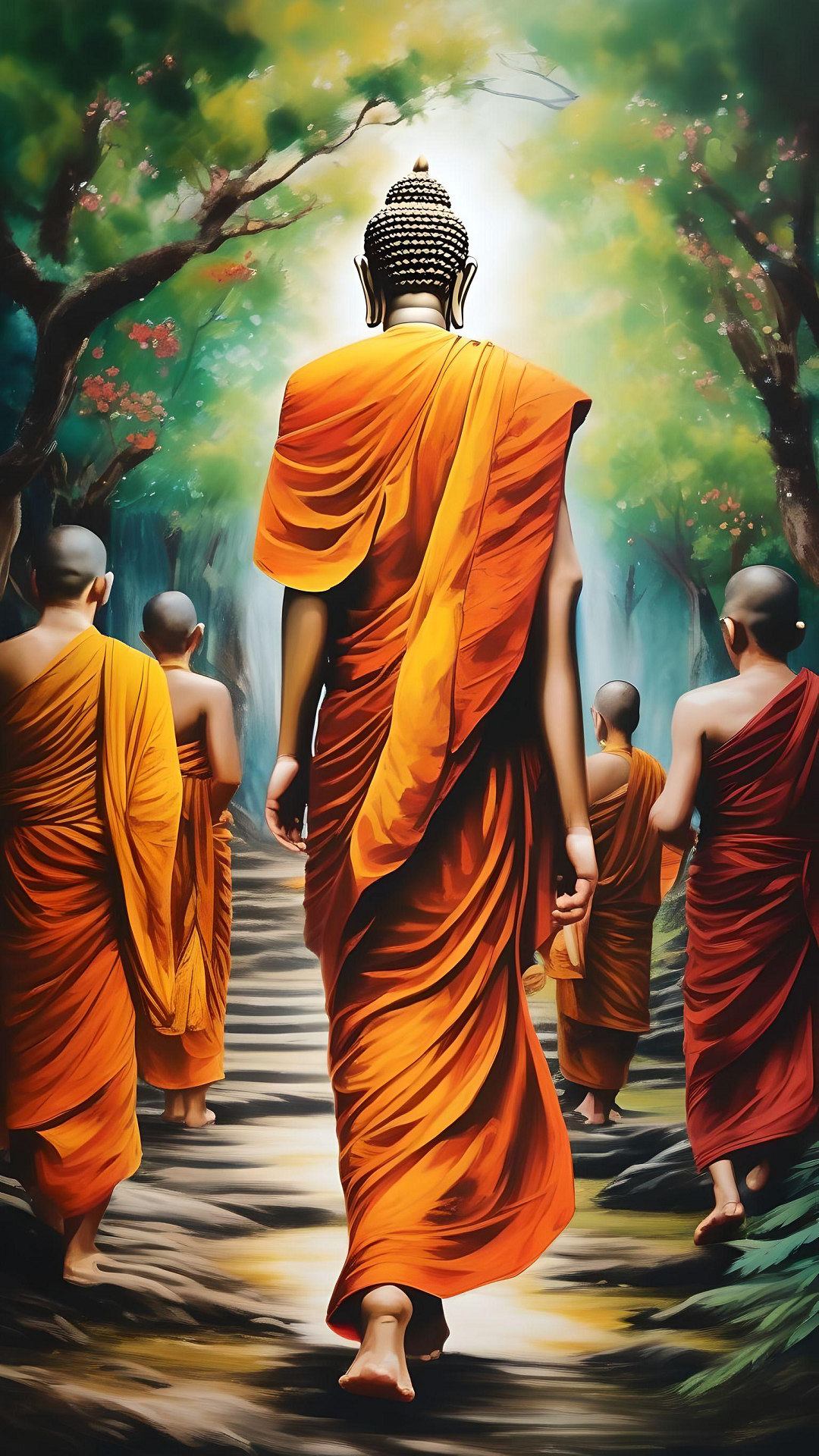 a group of men walking in a row of orange robes