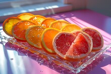 a plate of oranges on a pink surface