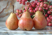 a group of pears on a marble surface