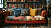 a couch with pillows in front of bookshelves