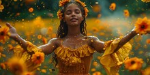 a woman in a yellow dress with flowers in her hair