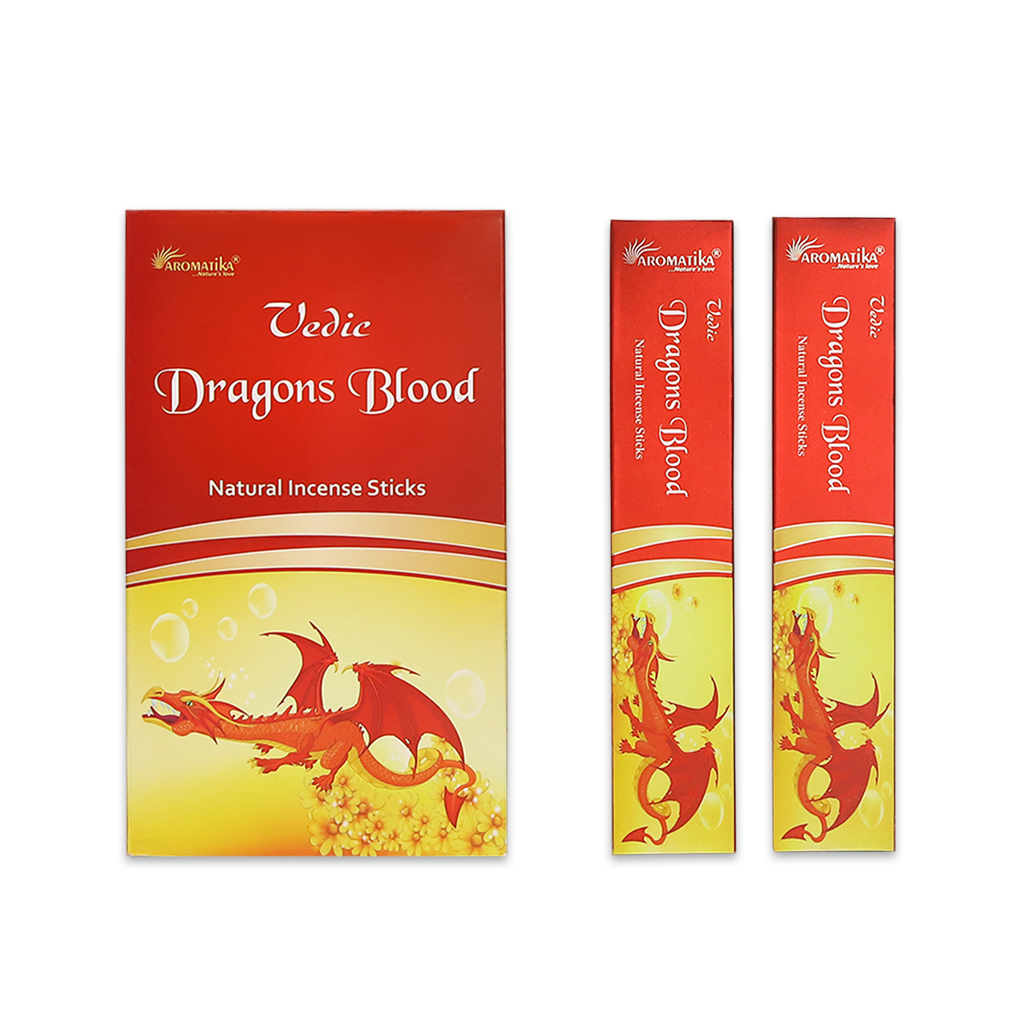 a box of incense with red and yellow dragons