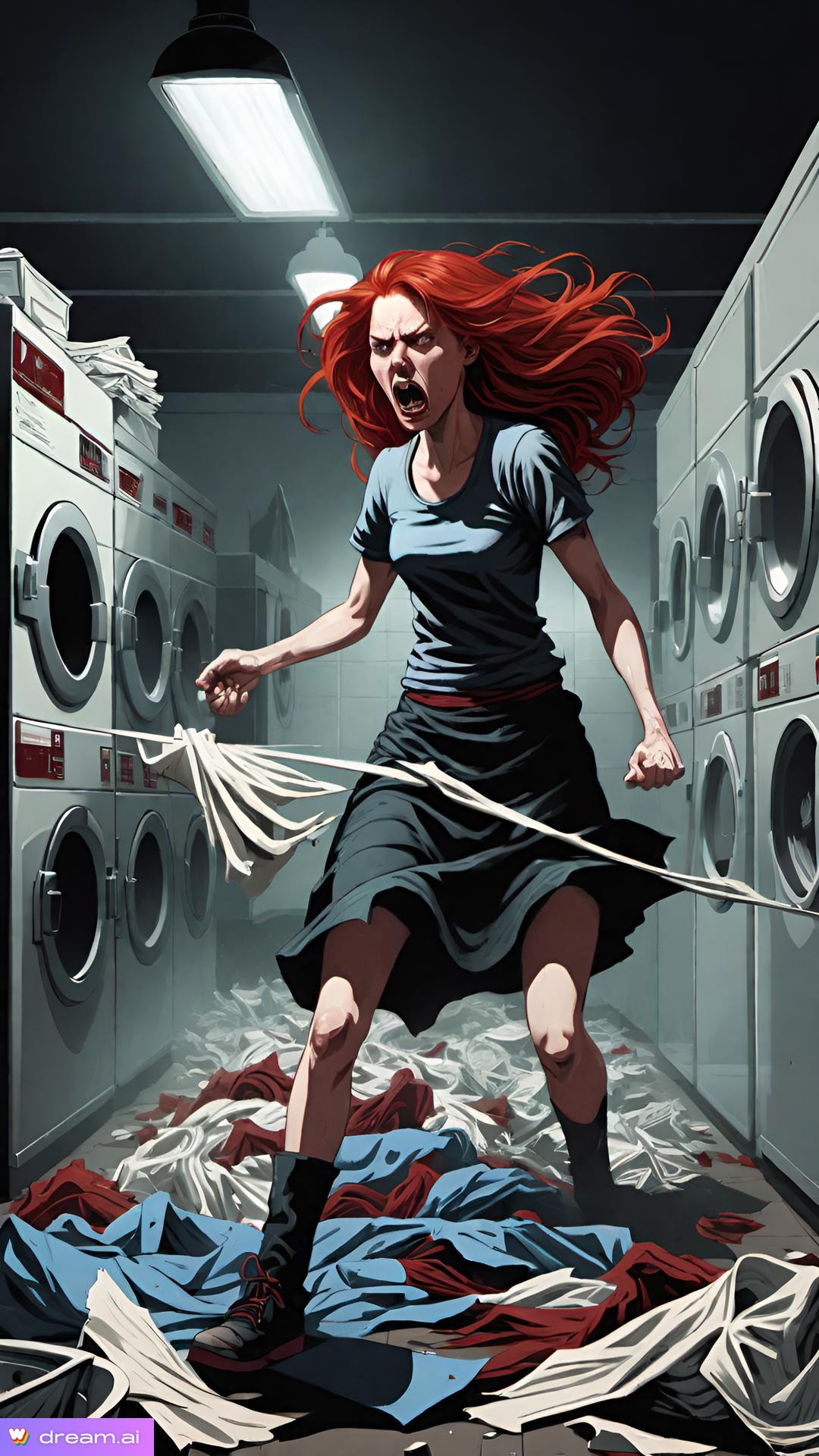 a woman running in a laundry room