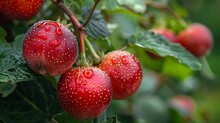 a group of red fruits on a plant