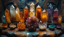 a group of crystal objects on a table