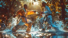 two men in karate uniforms fighting in water