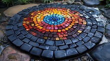 a circular mosaic of colorful stones