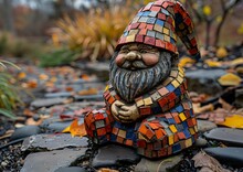 a gnome sitting on a stone path