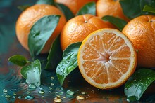 a group of oranges with leaves