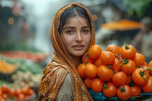 a woman holding a pile of tomatoes