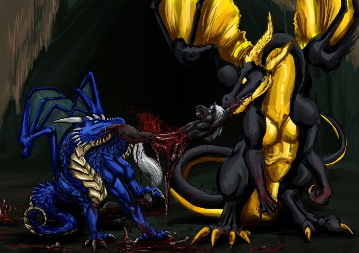a blue dragon with yellow wings and a black dragon with a red blood on its arm