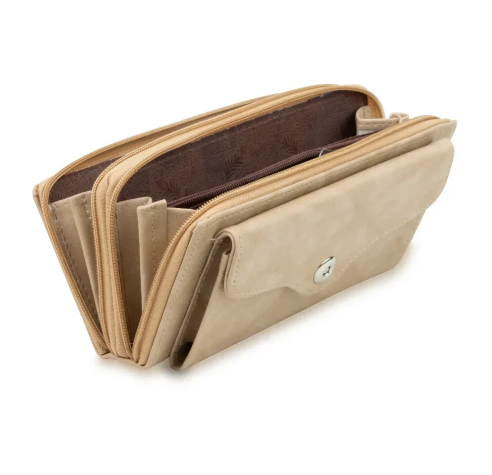 a tan wallet with a brown zipper