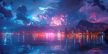 a body of water with lights and mountains in the background