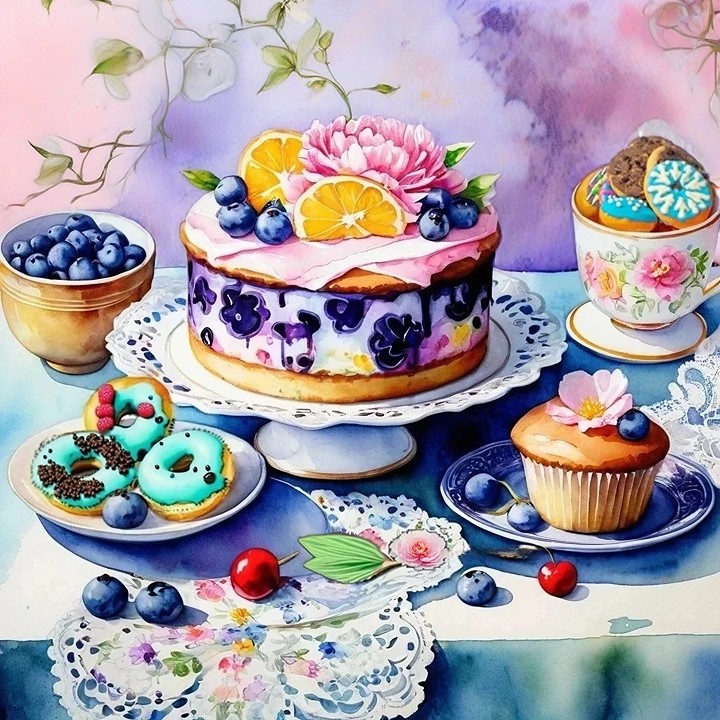a painting of a cake and cupcakes