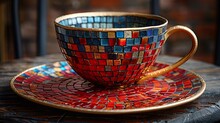 a colorful mosaic cup and saucer