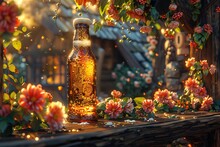 a bottle of beer on a table with flowers