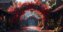 a archway with red leaves