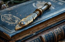 a feather pen on top of a book